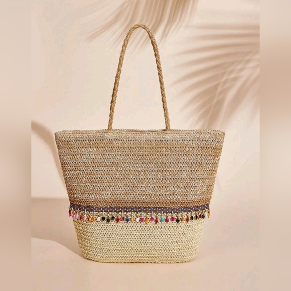 Boho Beaded Straw WovenTote Bag Purse Handcrafted Beach Summer Vibes For Woman - Picture 2 of 5